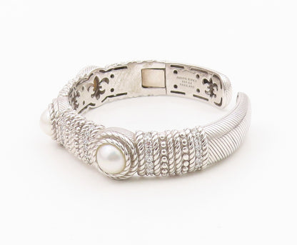 925 Sterling Silver Vintage Bracelet JUDITH RIPKA Round Pearl & CZ Cuff  BT11996