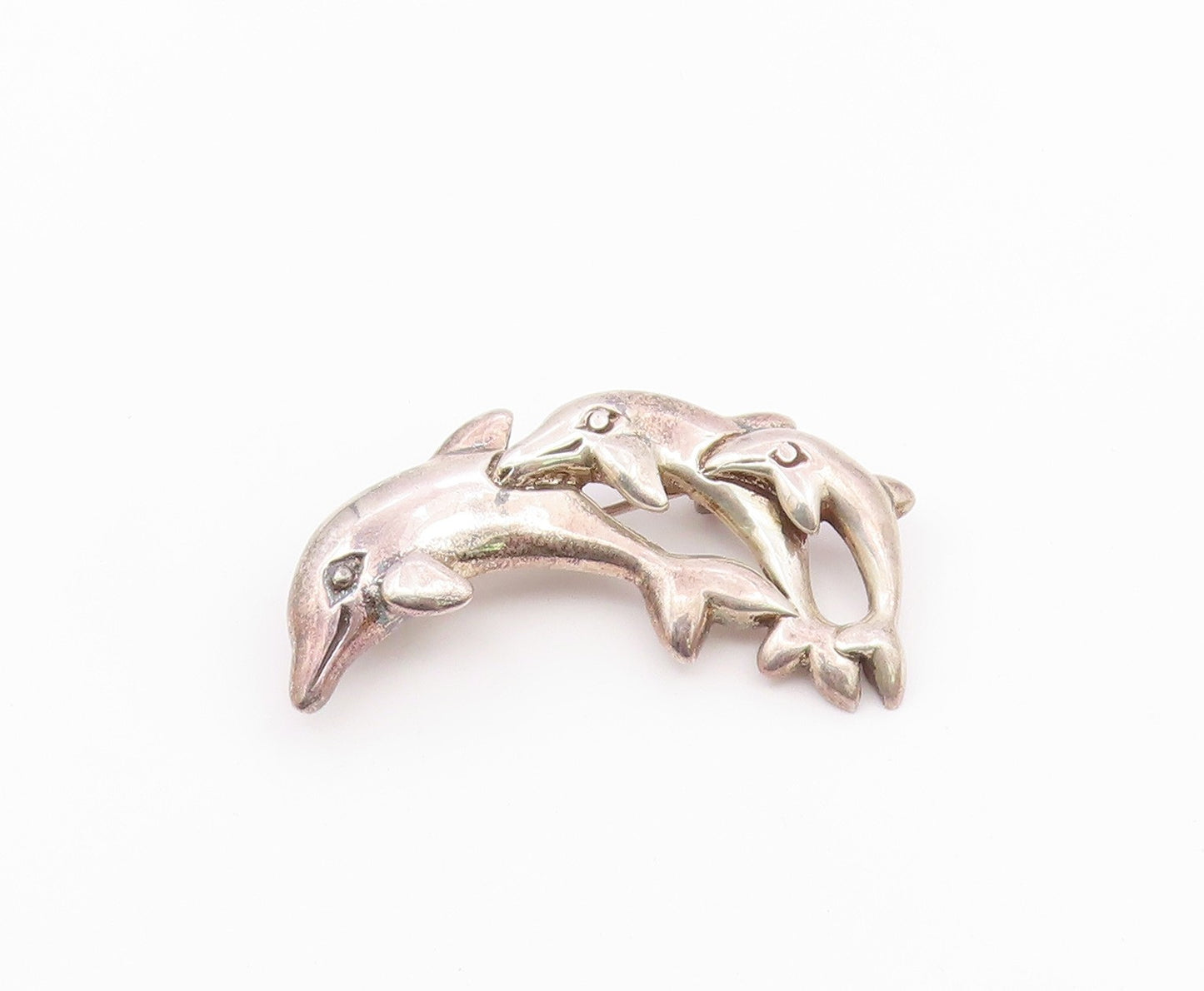 925 Sterling Silver  Vintage Shiny Triple Leaping Dolphins Brooch Pin  BP3505