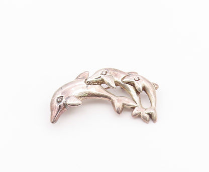 925 Sterling Silver  Vintage Shiny Triple Leaping Dolphins Brooch Pin  BP3505
