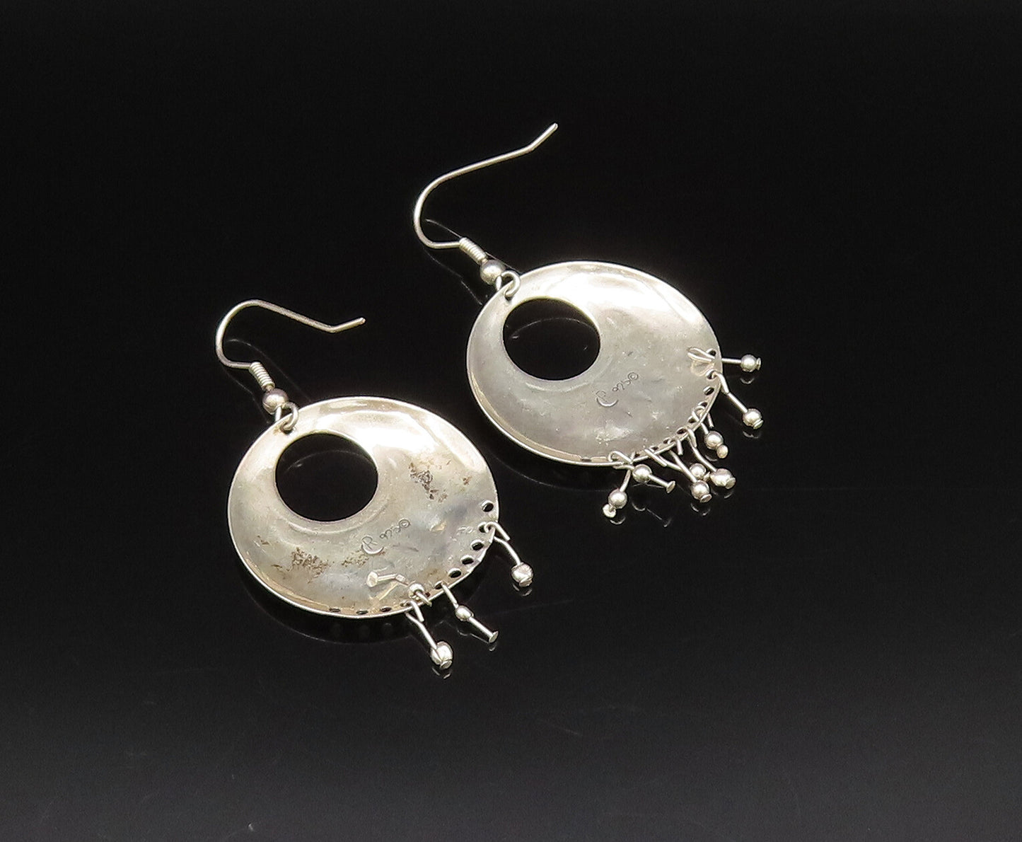 CAROLYN POLLACK 925 Silver  Vintage Etched Open Circle Beaded Earrings EG12242
