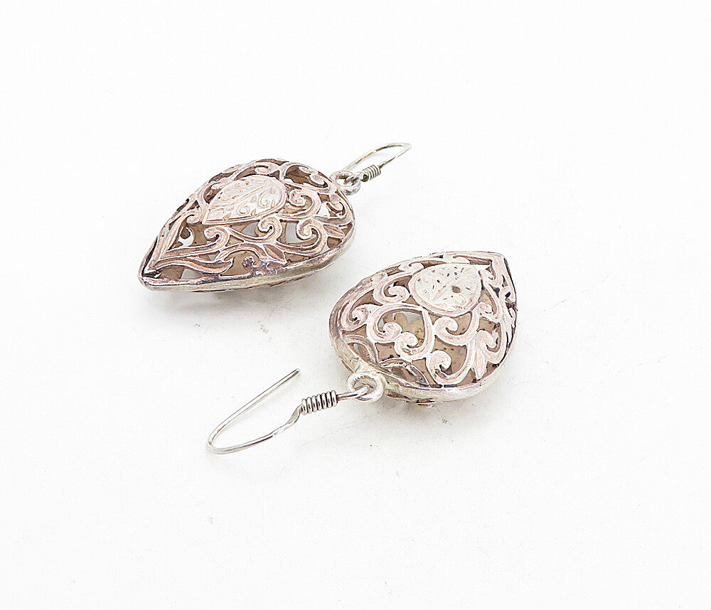 925 Sterling Silver  Vintage Open Love Heart Swirl Tear Drop Earrings  EG3980