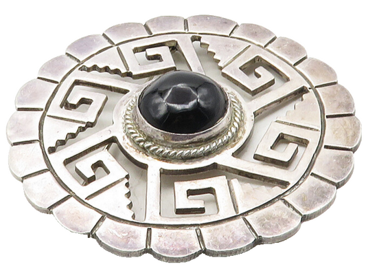 MEXICO 925 Silver  Vintage Antique Black Onyx Greek Key Brooch Pin  BP3967