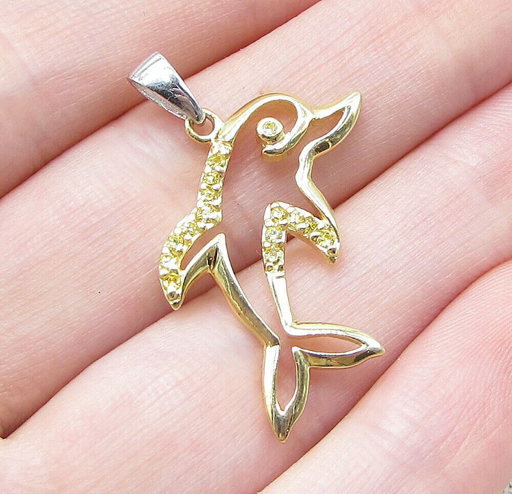 Gold Over 925 Sterling Silver Cubic Zirconia Dolphin Drop Pendant PT1362