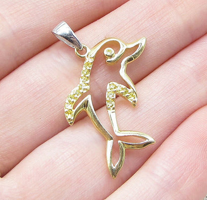 Gold Over 925 Sterling Silver Cubic Zirconia Dolphin Drop Pendant PT1362