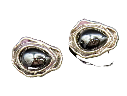 925 Sterling Silver  Vintage Modernist Hematite Non Pierced Earrings  EG12002