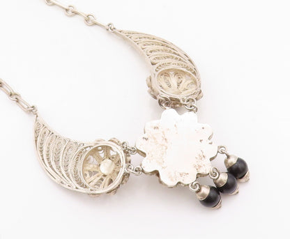 925 Sterling Silver Vintage Necklace Designer Filigree Floral Onyx  NE4306