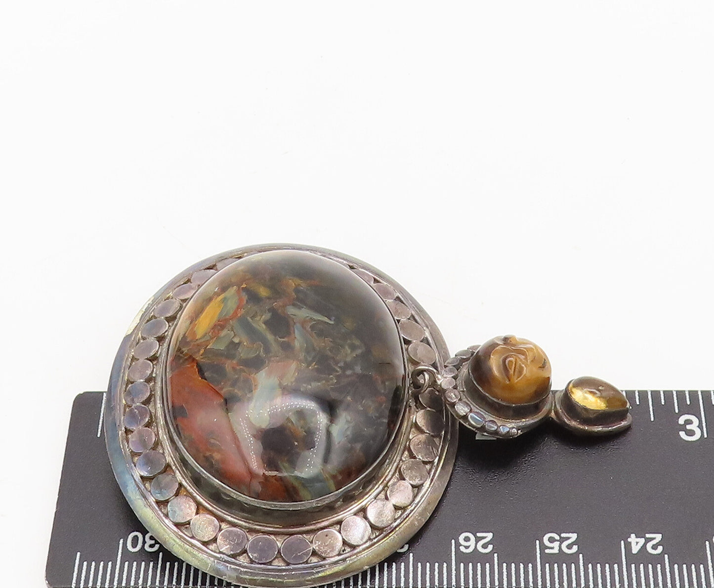SAJEN 925 Silver  Vintage Jasper Dangling Carved Face Heavy Brooch Pin BP10468