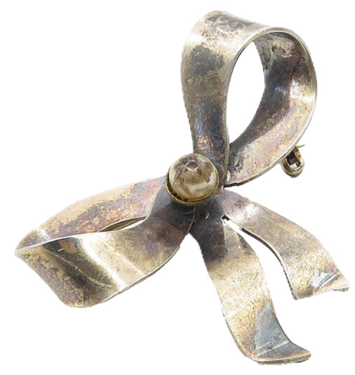 925 Sterling Silver  Vintage Petite Pearl Bow Tied Ribbon Brooch Pin  BP3730
