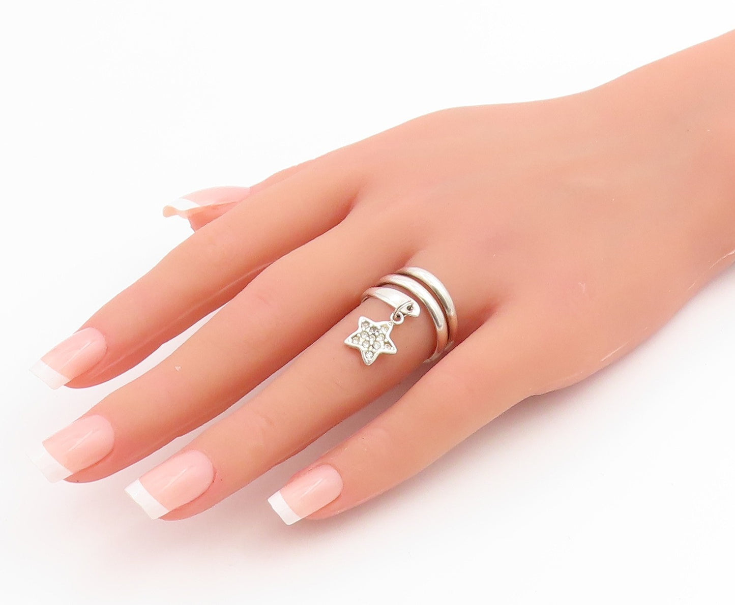 925 Sterling Silver Vintage Ring Dangling CZ Star Spiral Coil  Sz 7.5  RG33885