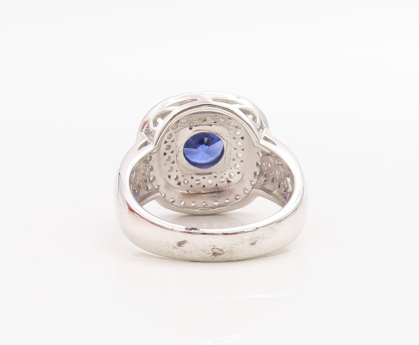 925 Sterling Silver Vintage Ring Round Cut Sapphire Halo CZ Inlay  Sz 7  RG30746