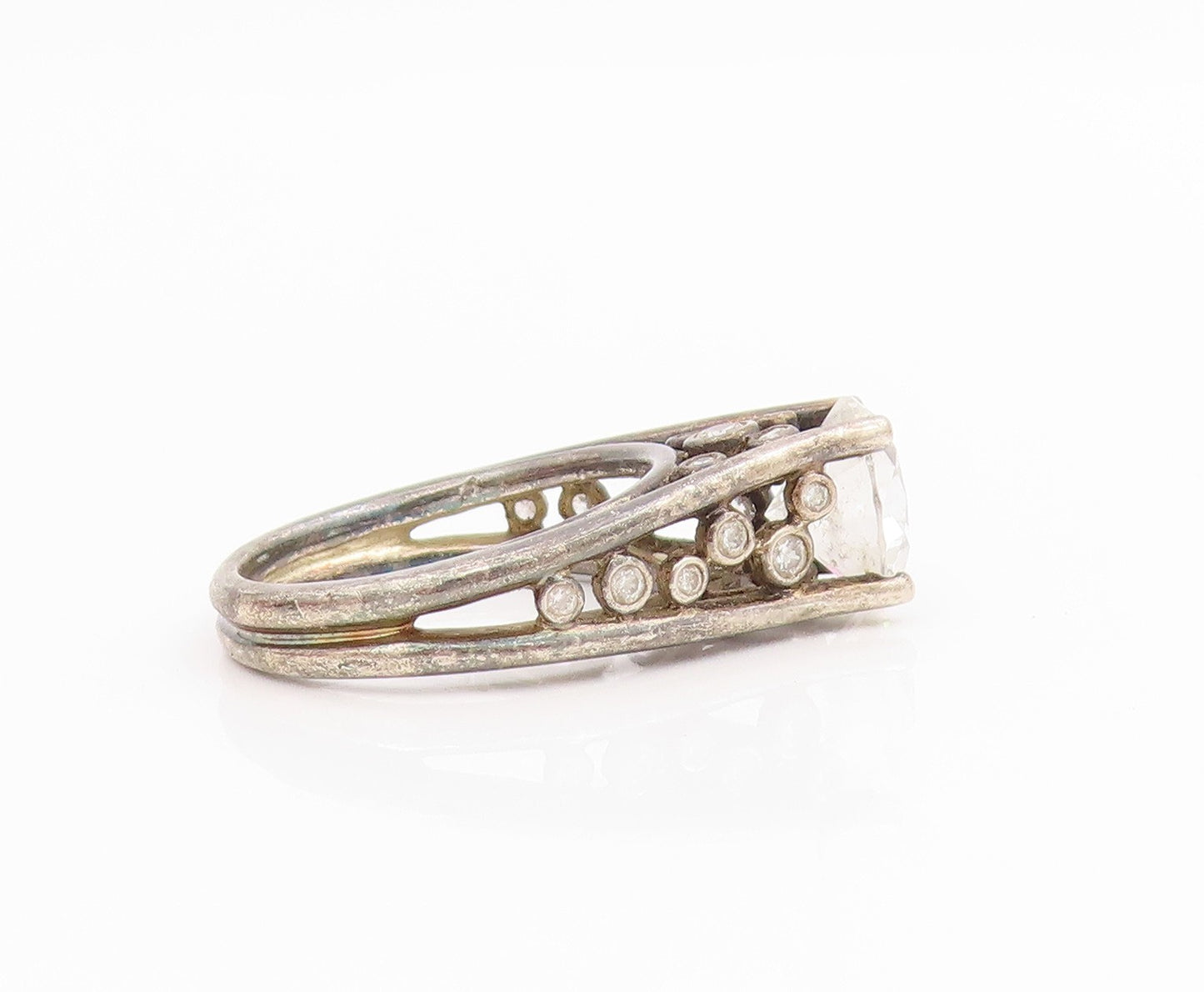 925 Sterling Silver Vintage Ring Round Cut CZ Intricate Openwork  Sz 6  RG34359