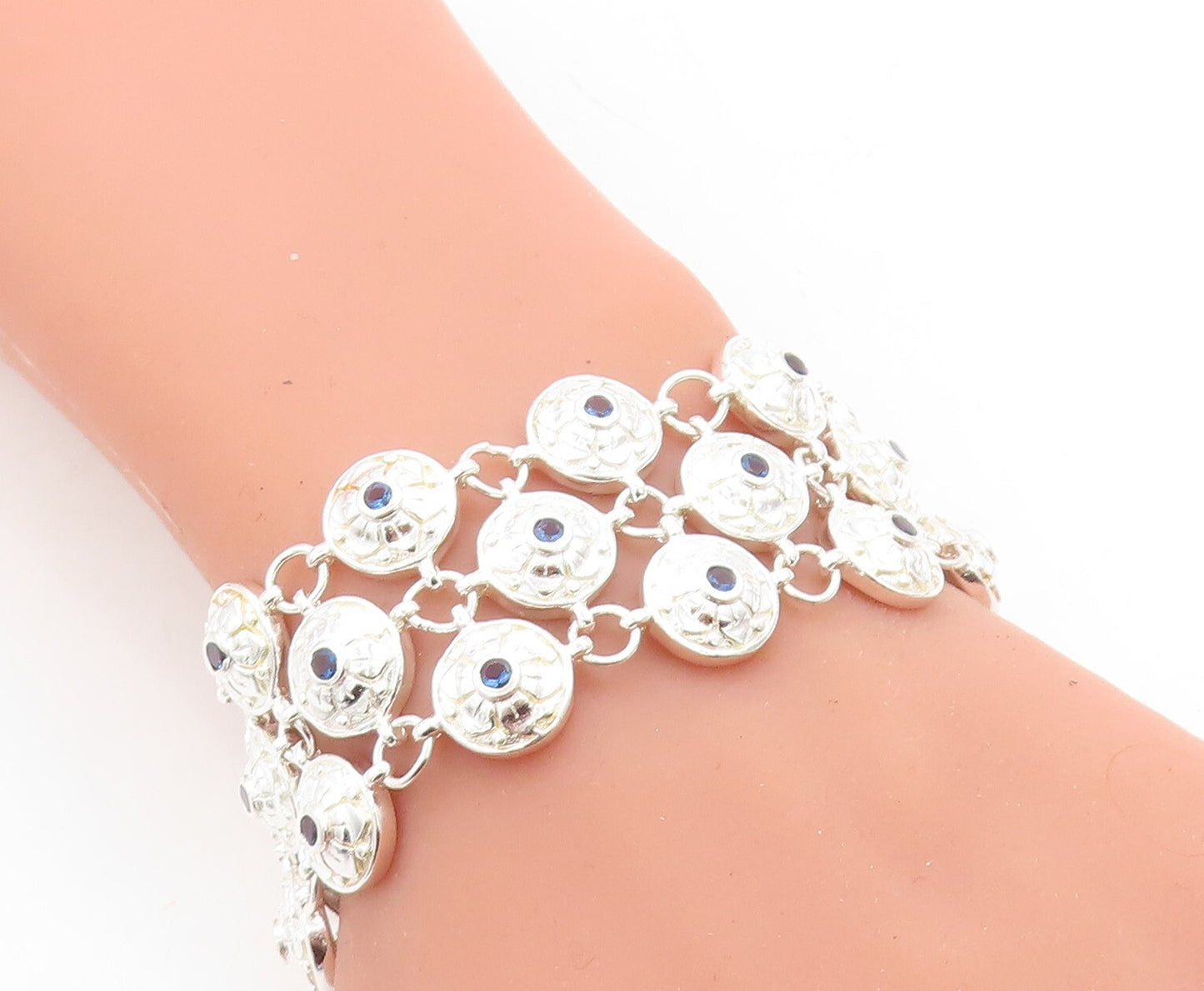 925 Sterling Silver  Blue Topaz Shiny Floral Dome Link Chain Bracelet  BT1618