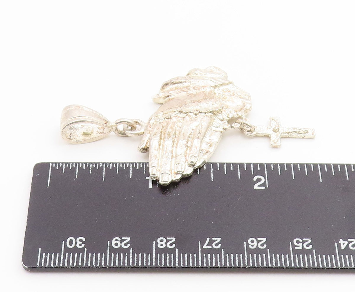 925 Sterling Silver Vintage Pendant Etched Praying Hands With Holy Cross PT25967