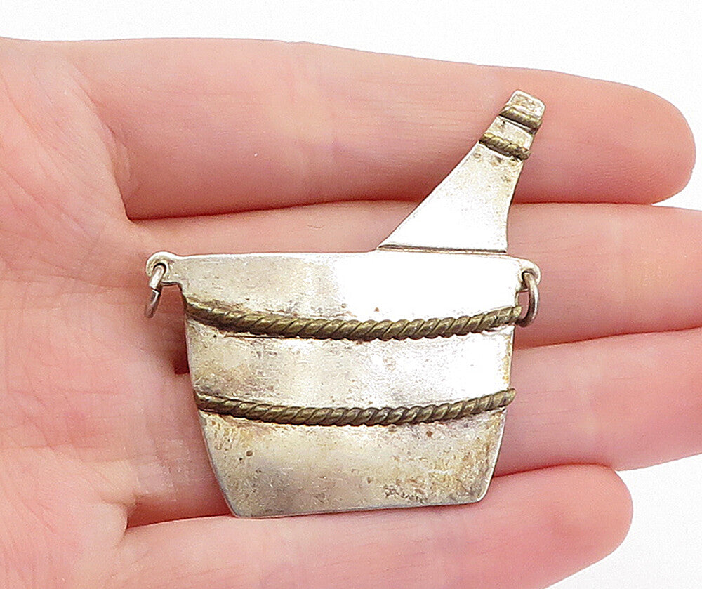 MEXICO 925 Sterling Silver  Vintage 2 Tone Bottle in Bucket Brooch Pin  BP1959