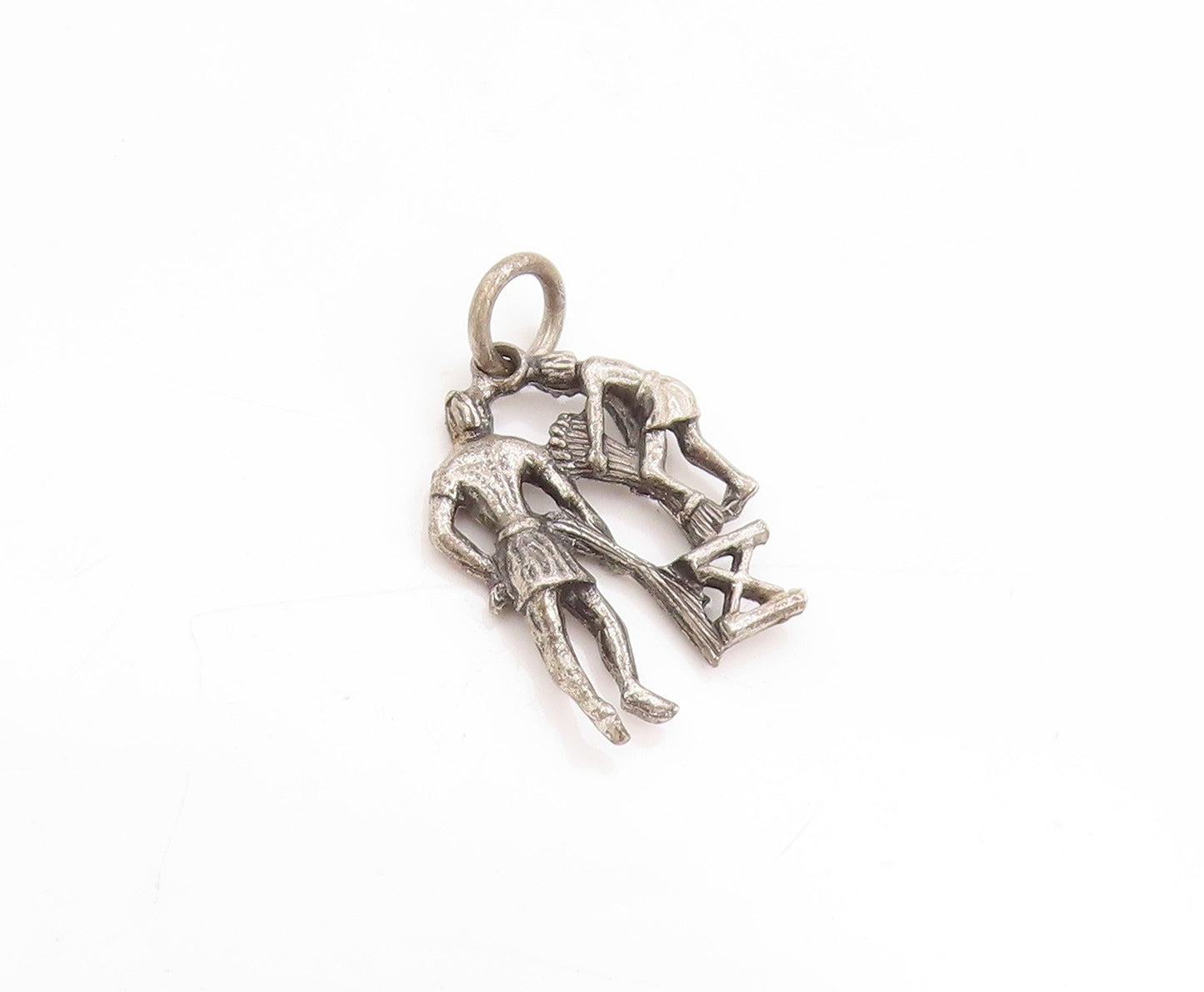 925 Sterling Silver Vintage Pendant Father & Son Wheat Harvesting Charm  PT25122