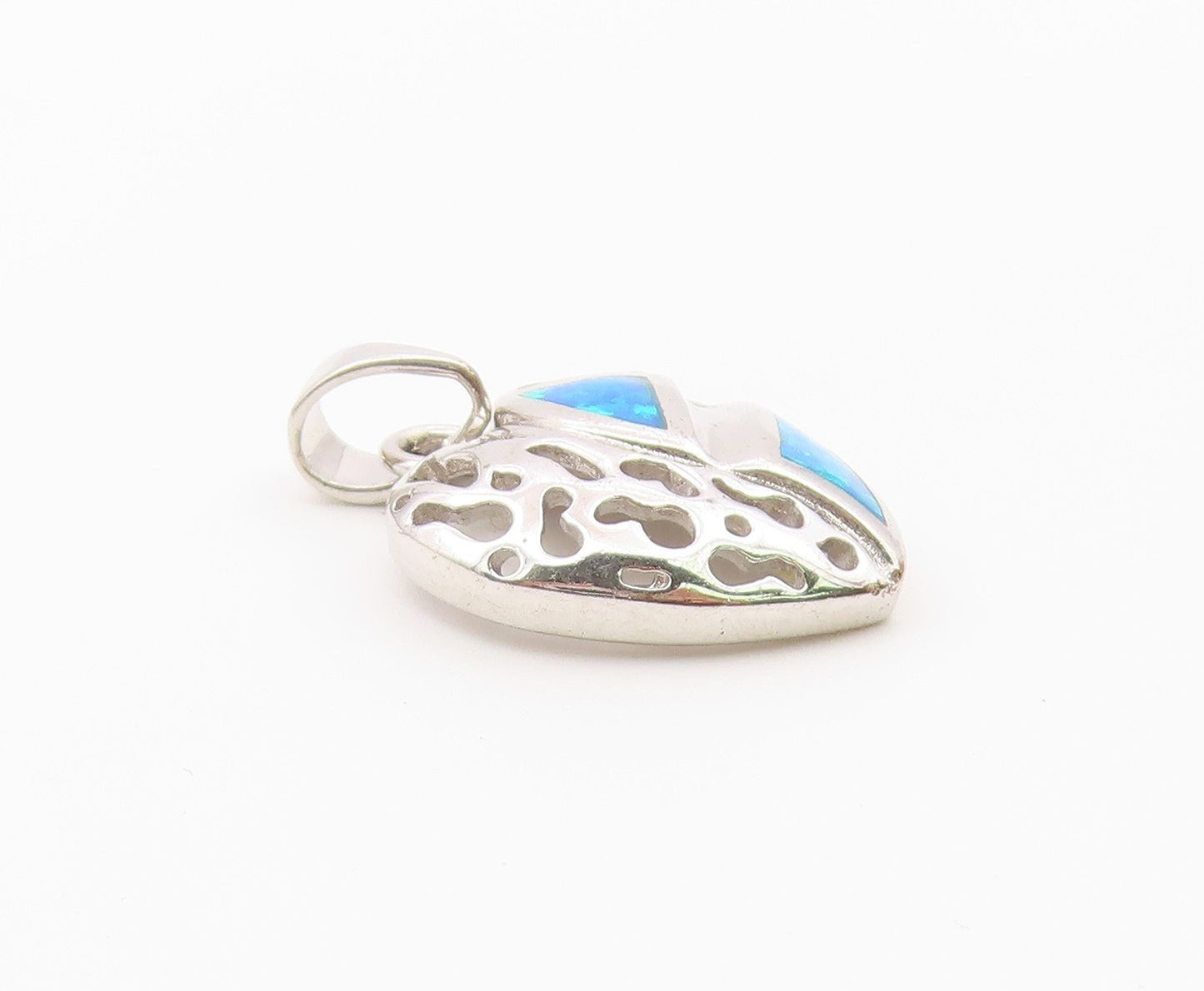 925 Sterling Silver  Vintage Inlaid Blue Fire Opal Love Heart Pendant  PT16276