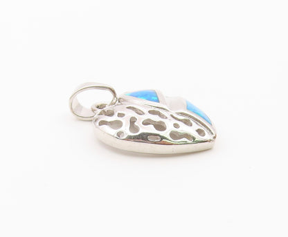 925 Sterling Silver  Vintage Inlaid Blue Fire Opal Love Heart Pendant  PT16276