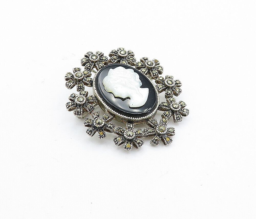 925 Silver  Vintage Mother Of Pearl & Black Onyx Cameo Brooch Pin  BP2587