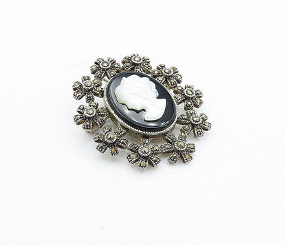 925 Silver  Vintage Mother Of Pearl & Black Onyx Cameo Brooch Pin  BP2587