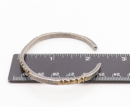 925 Sterling Silver Vintage Bracelet Two Tone Geometric Carved Cuff  BT11808