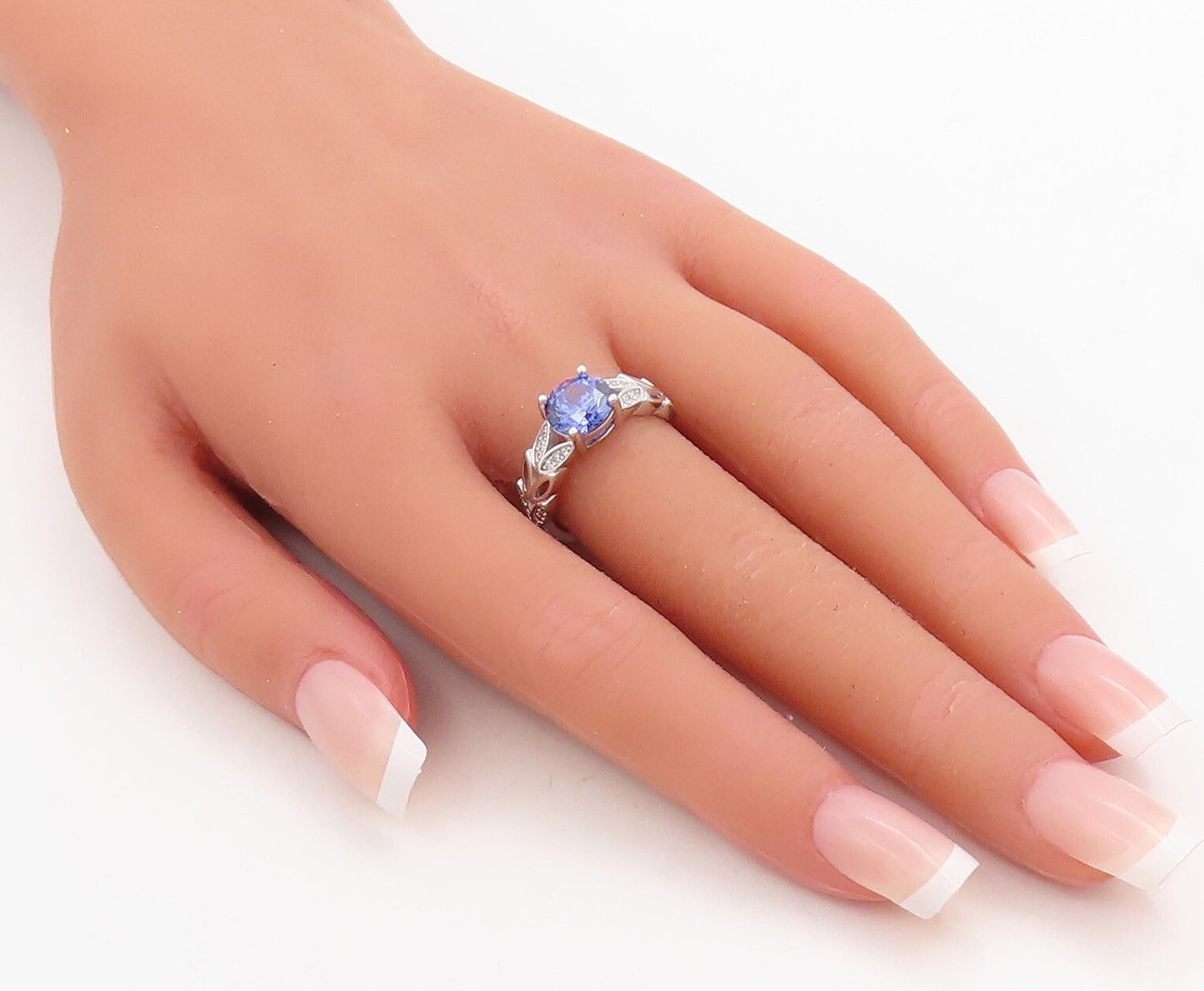 925 Sterling Silver Vintage Ring Round Sapphire Floral Cut CZ band Sz 7  RG30747