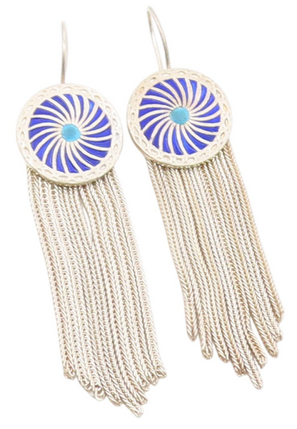 925 Sterling Silver Vintage Earrings Classic Blue Enamel Tassel Drops  EG13977