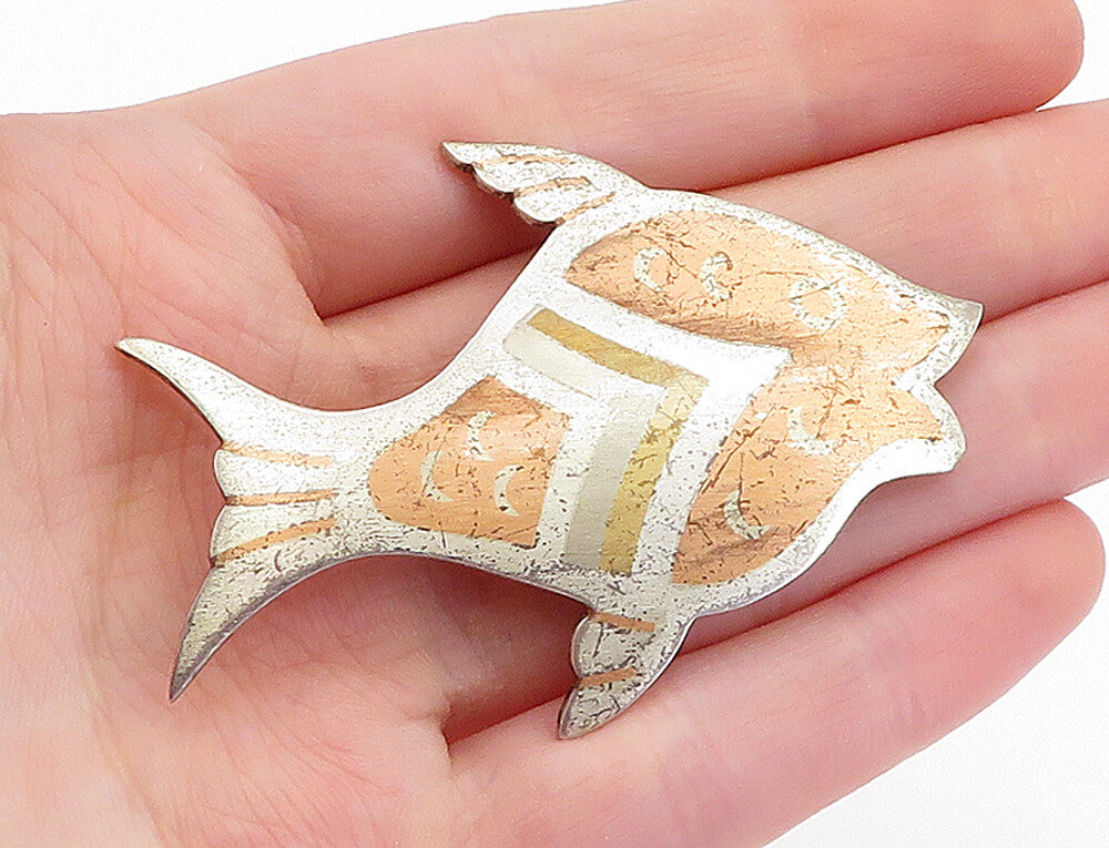 MEXICO 925 Sterling Silver  Vintage Three Tone Fish Motif Brooch Pin  BP1954