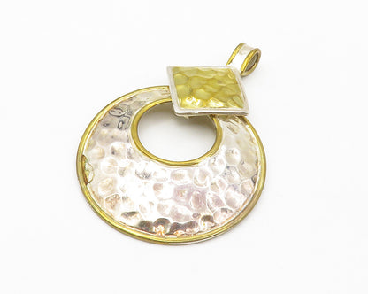925 Sterling Silver  Vintage Shiny Two Tone Hammered Round Pendant  PT10732