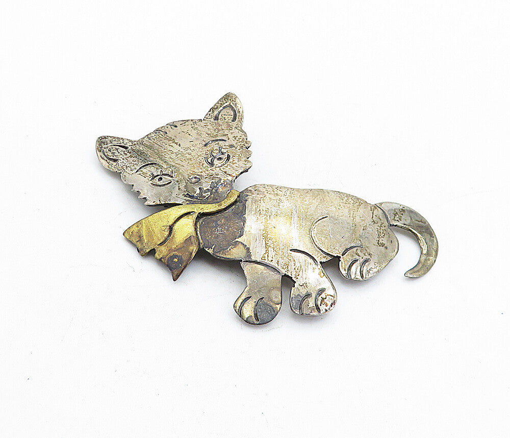 MEXICO 925 Sterling Silver  Vintage Two Tone Kitten Motif Brooch Pin  BP1901