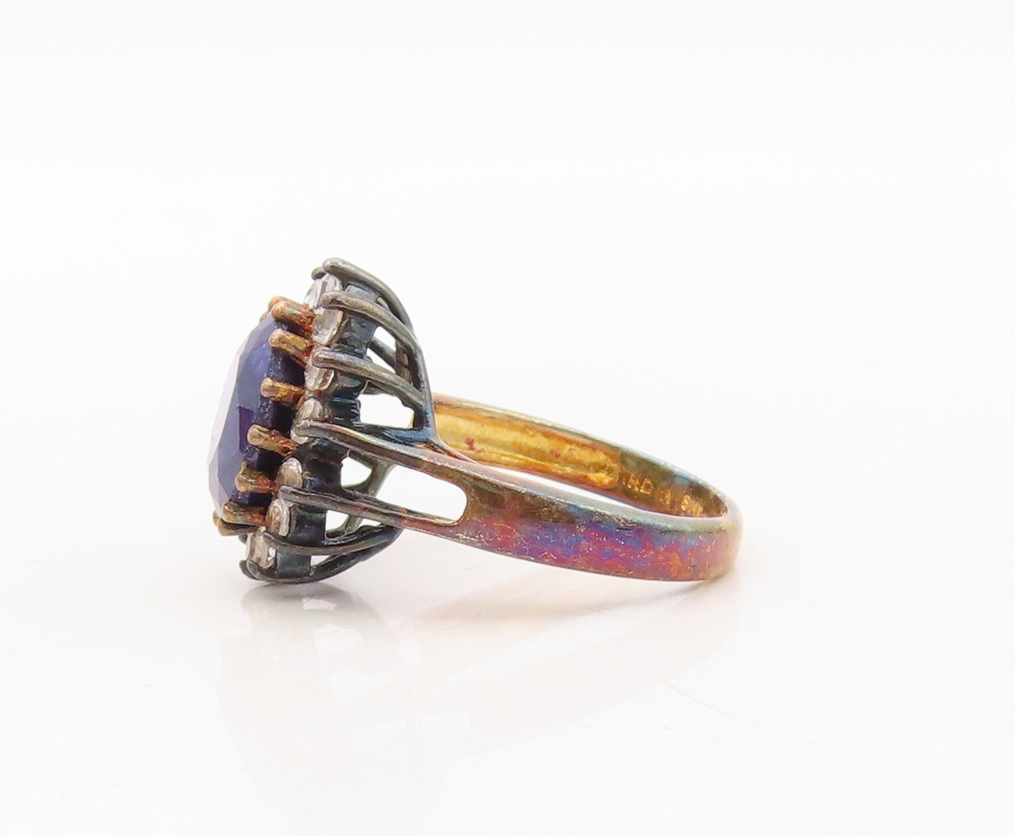 925 Sterling Silver Vintage Ring Gold Plated Blue Gemstone & CZ  Sz 8  RG30427