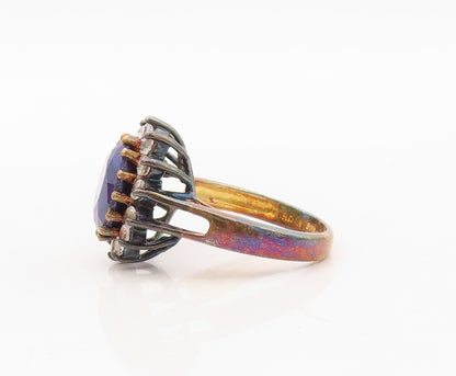 925 Sterling Silver Vintage Ring Gold Plated Blue Gemstone & CZ  Sz 8  RG30427