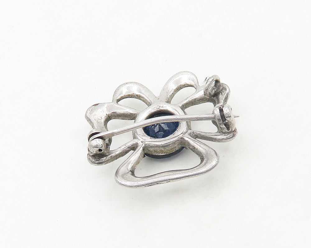 925 Sterling Silver  Vintage Blue Topaz Shiny Open Flower Brooch Pin  BP7555
