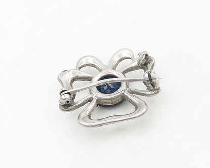 925 Sterling Silver  Vintage Blue Topaz Shiny Open Flower Brooch Pin  BP7555