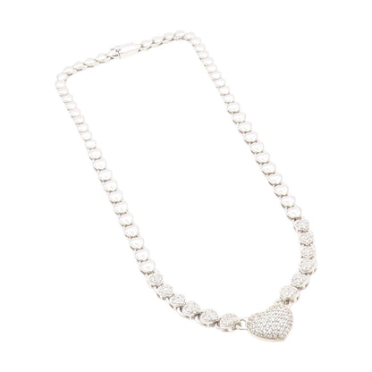 925 Sterling Silver Vintage Necklace Clustered CZ Solid Love Heart Chain  NE4658