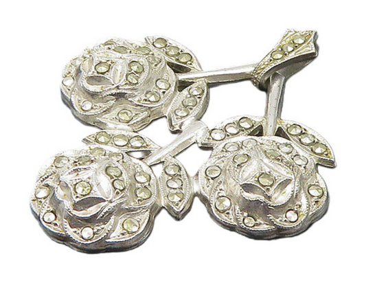 925 Sterling Silver  Vintage Shiny Marcasite Flowers Motif Pendant  PT14965