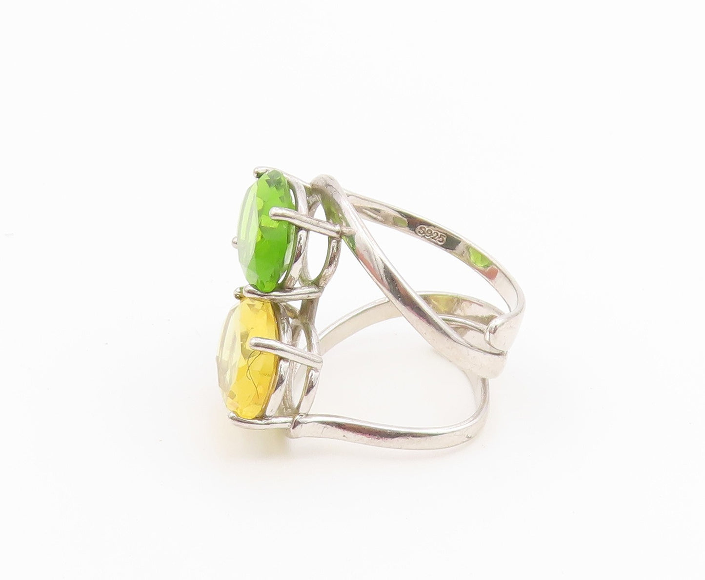 925 Sterling Silver Vintage Ring Modernist Peridot & Citrine Band Sz 7.5 RG36753