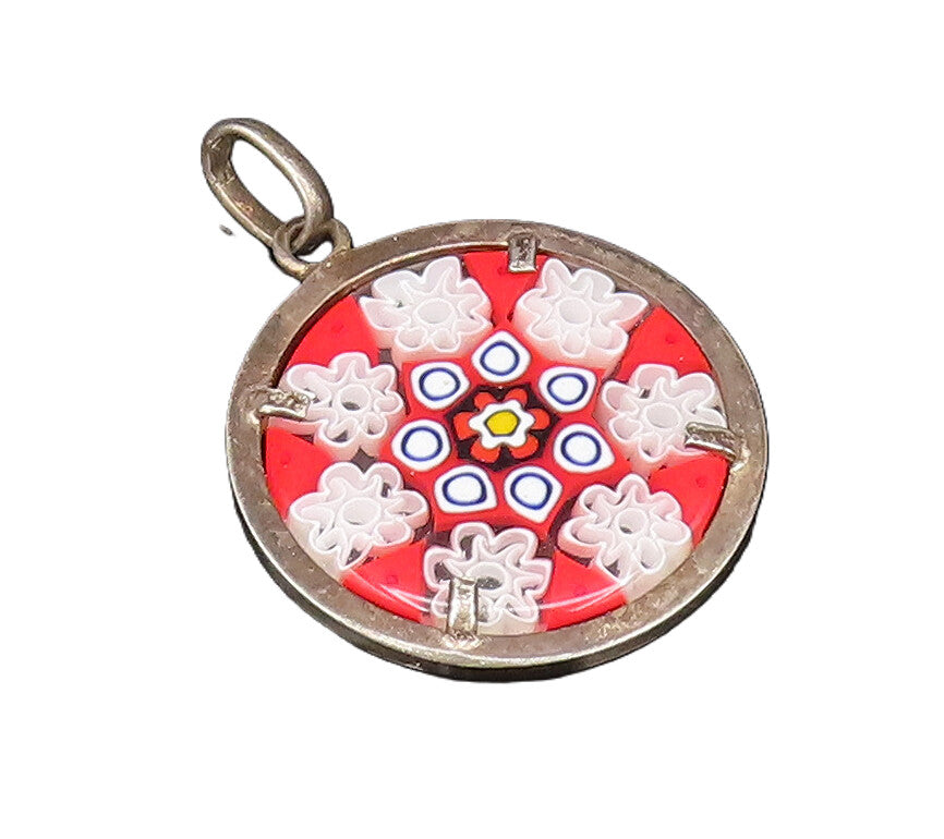 925 Silver  Vintage Double Sided Round Floral Art Glass Pendant  PT21295