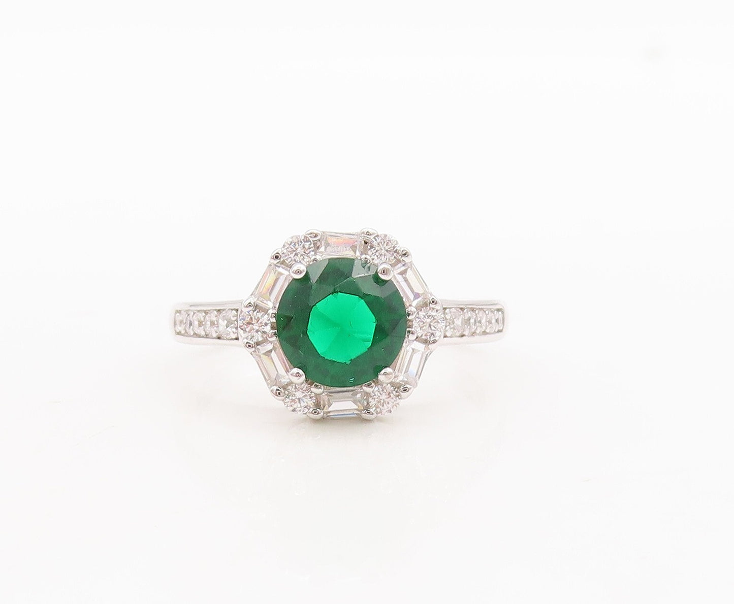925 Sterling Silver Vintage Ring Round Cut Green Halo White Topaz  Sz 7  RG29785
