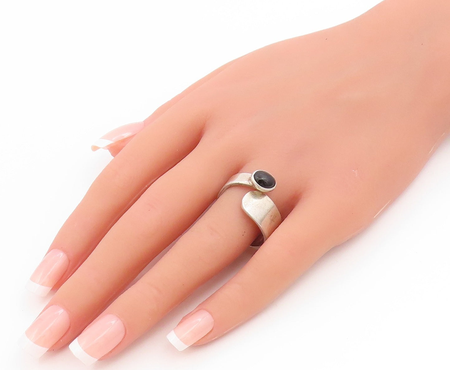 925 Sterling Silver Vintage Ring Cabochon Black Onyx Wrap Band  Sz 10.5  RG36053