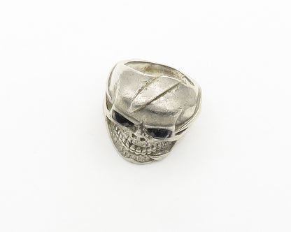 925 Sterling Silver  Vintage Black Hematite Eyes Skull Band Ring Sz 8  RG18406