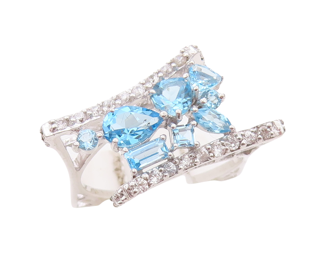 925 Sterling Silver Vintage Ring  Designer Cutout Blue & White CZ  Sz 7  RG30600