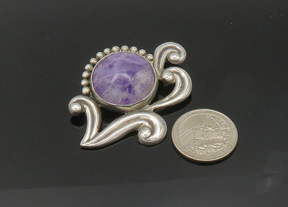 LOS CASTILLO MEXICO 925 Silver  Vintage Cabochon Amethyst Brooch Pin  BP8147