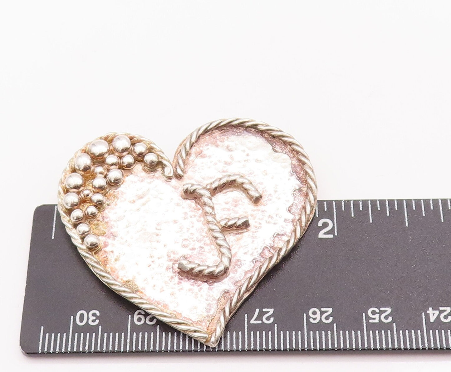 925 Sterling Silver Vintage Pendant Beaded Roped Carved F Love Heart  PT22964