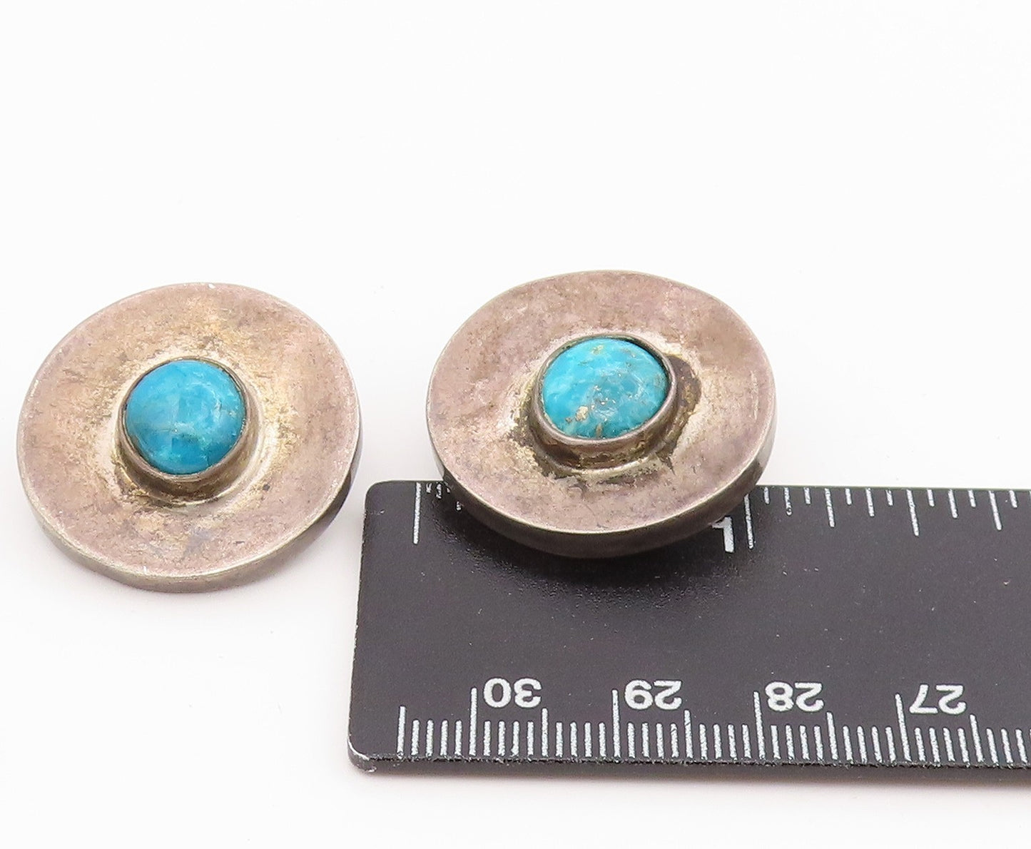 925 Sterling Silver Vintage Earrings MEXICO Turquoise Circular Clip On  EG13955