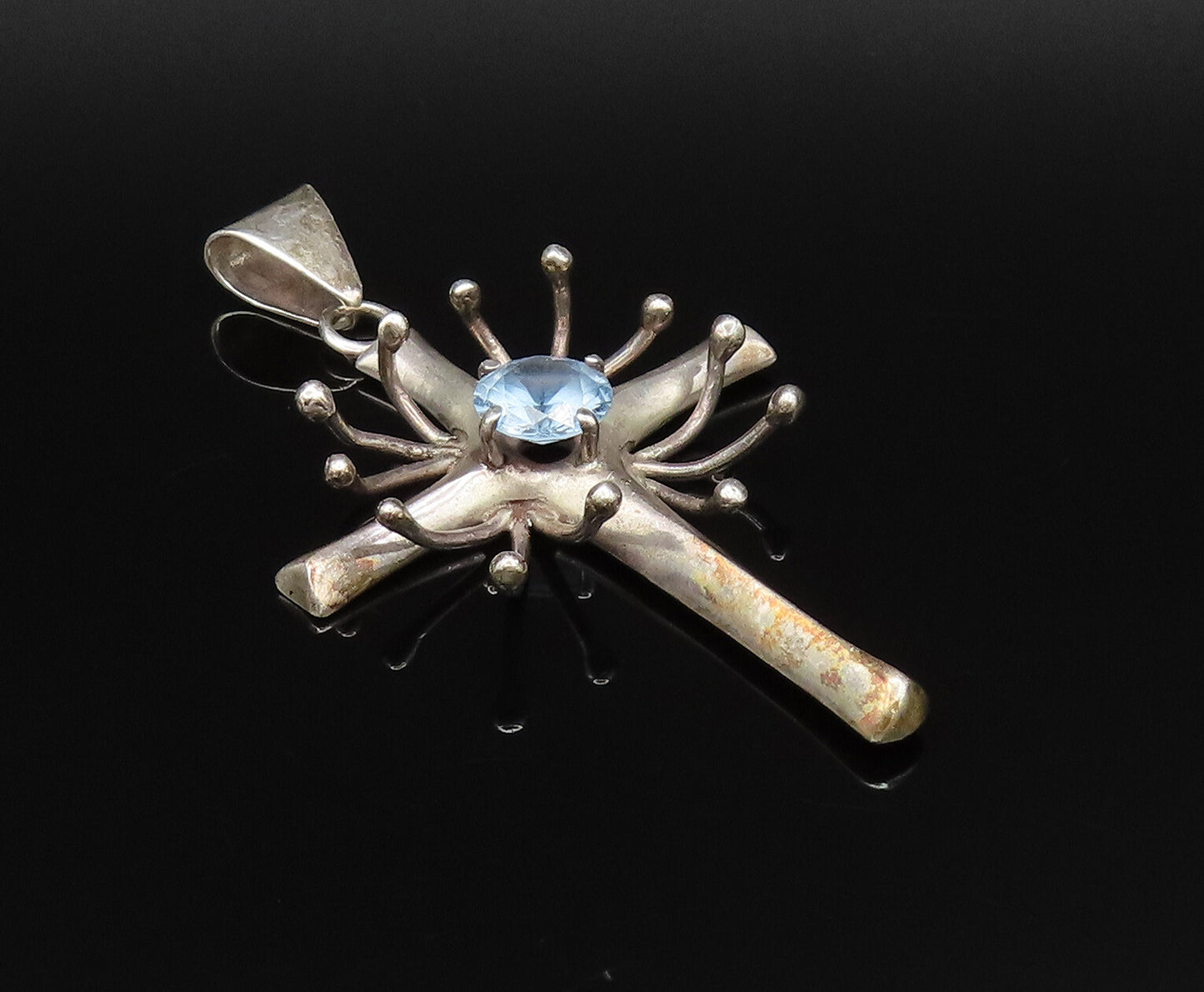 MB MEXICO 925 Silver  Vintage 3D Spiked Religious Cross Topaz Pendant  PT21578