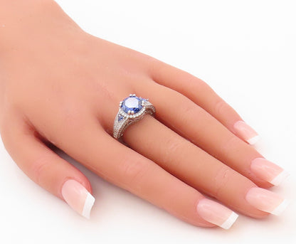 925 Sterling Silver Vintage Ring Designer Sapphire & CZ Inlay  Sz 7.5  RG30216