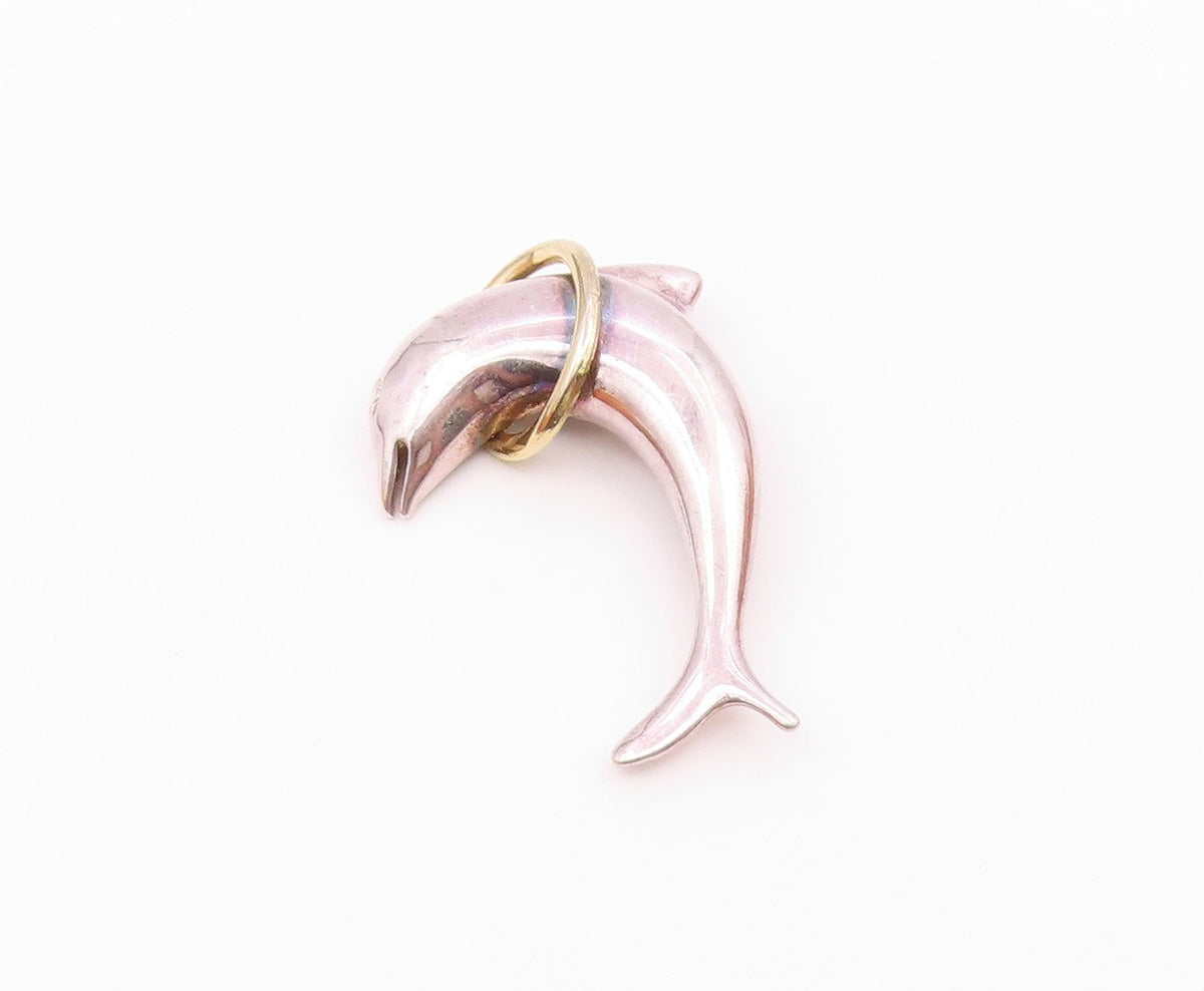 925 Sterling Silver  Vintage Shiny Two Tone Leaping Dolphin Brooch Pin  BP8784