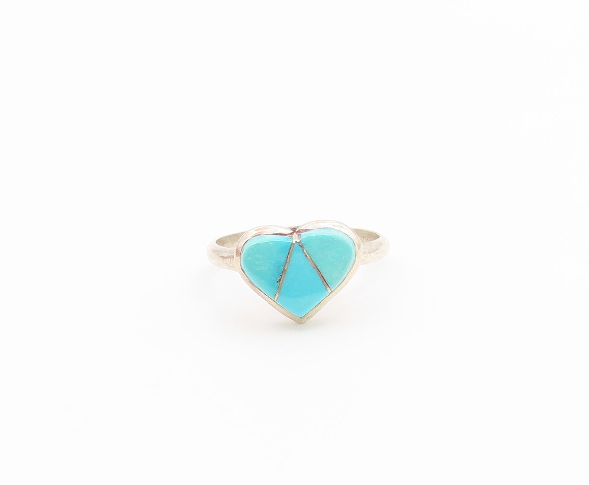 925 Sterling Silver Vintage Ring NAVAJO ZUNI Turquoise Love Heart  Sz 5  RG36802