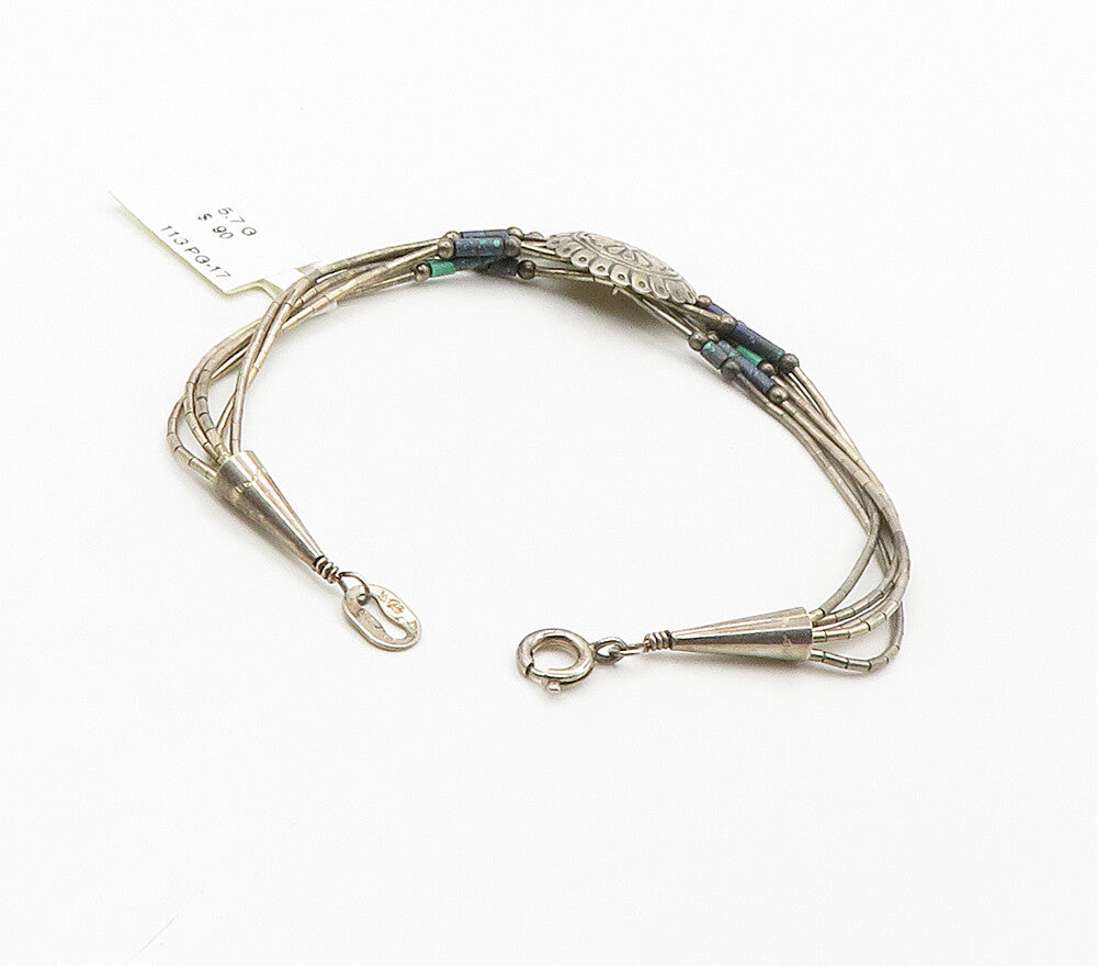 NAVAJO 925 Silver Vintage Azurite Beaded Multi Strand Chain Bracelet BT6296