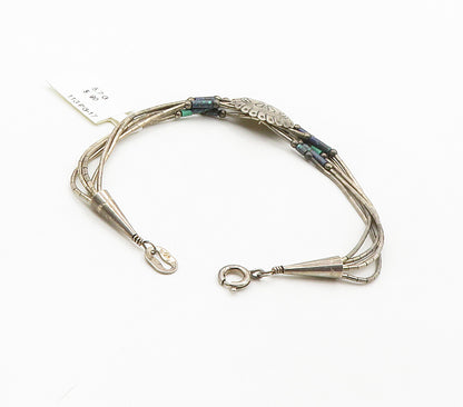 NAVAJO 925 Silver Vintage Azurite Beaded Multi Strand Chain Bracelet BT6296